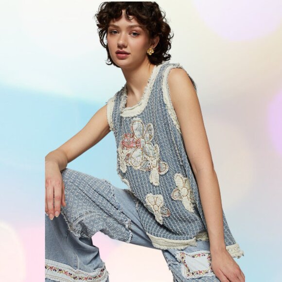 POL Blue Denim Flower Patchwork Frayed Edge Baggy Sleeveless Cotton Drapery Top - Picture 2 of 9